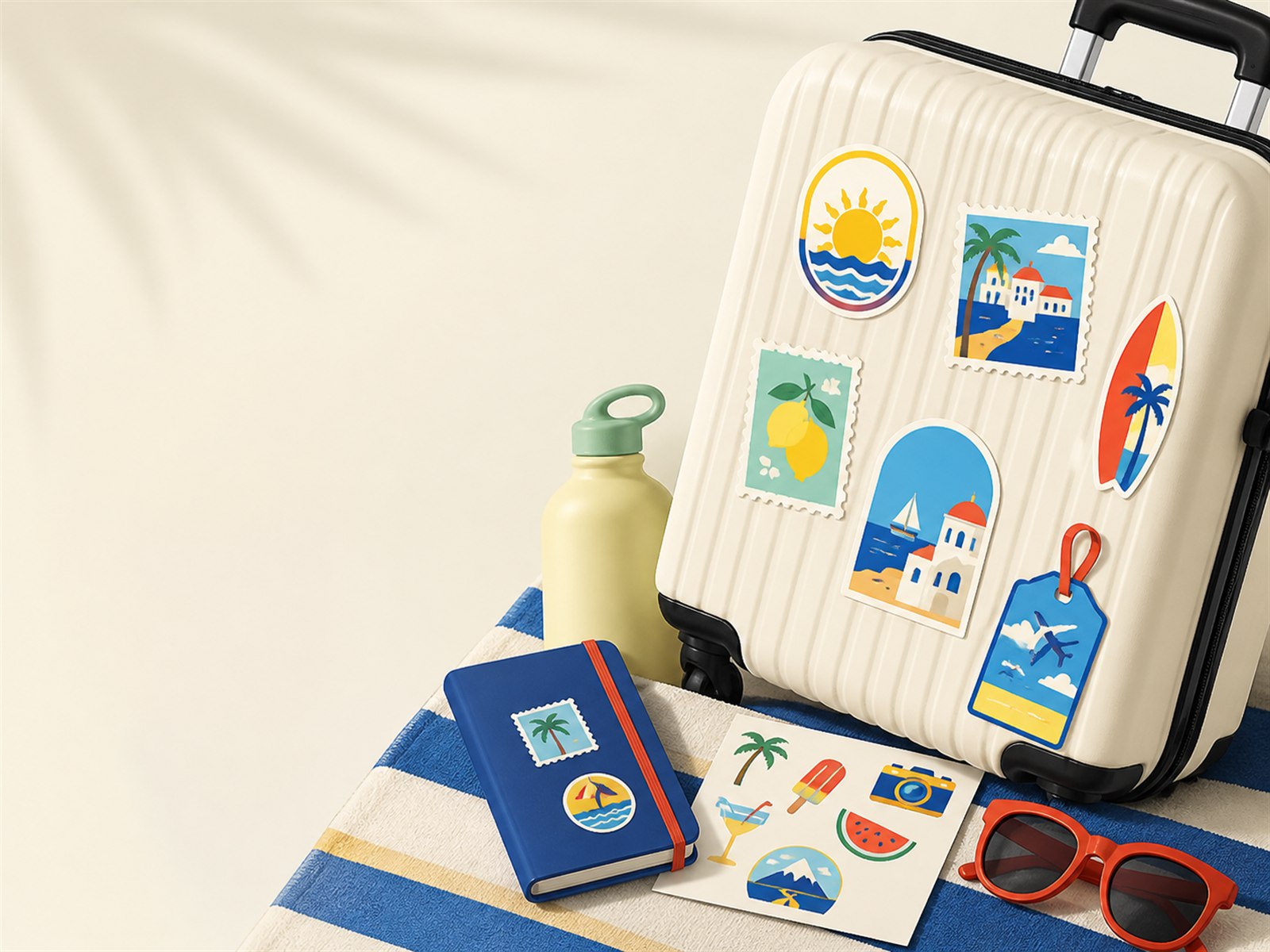Colorful SHANLE LAB stickers on a summer travel packing scene