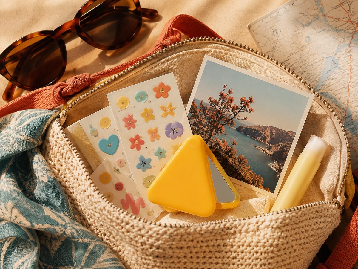 SHANLE LAB pimple patch kit, mirror case, and bracelet in a colorful late-summer travel pouch