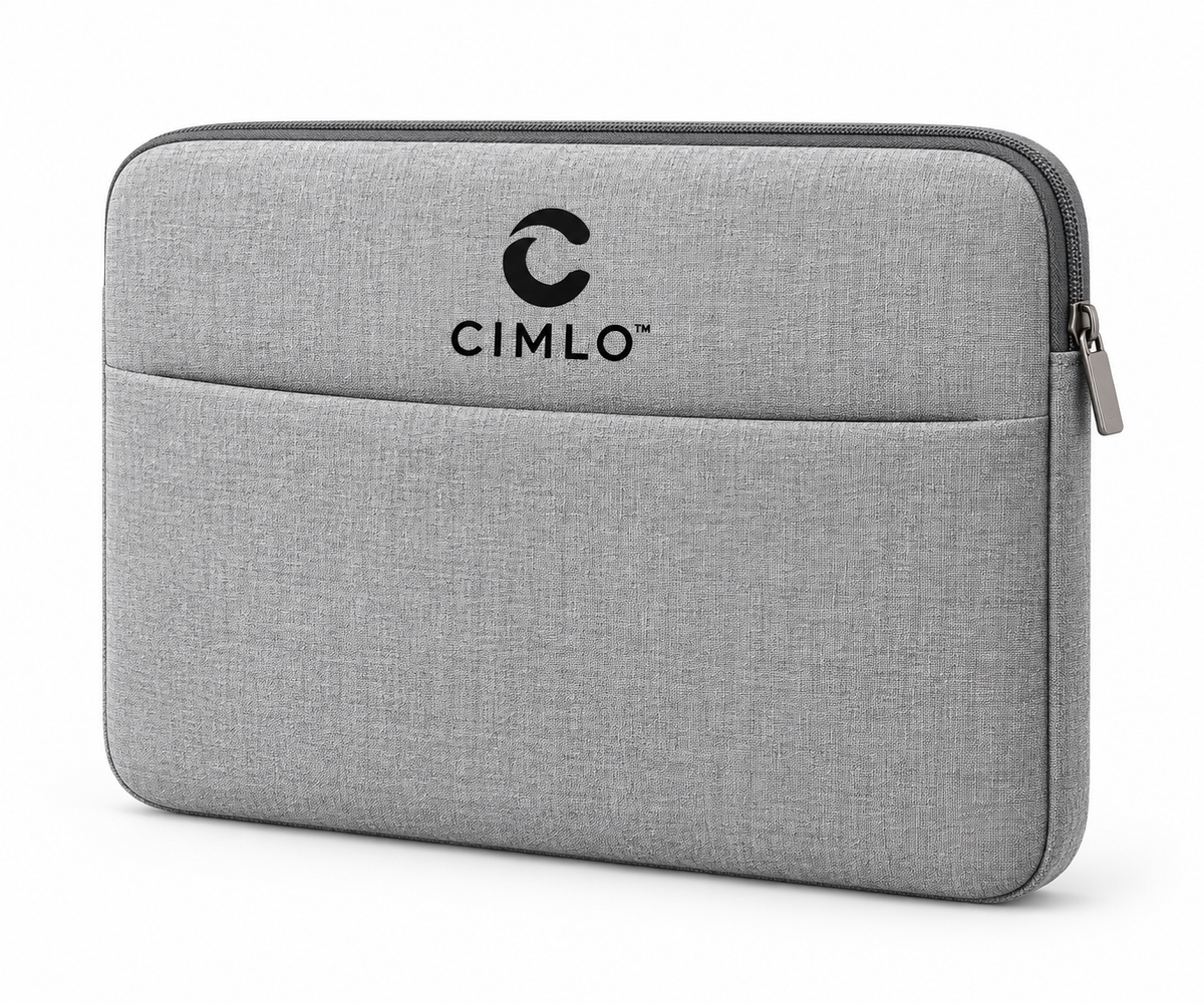 Light grey CIMLO laptop sleeve with black logo, zip closure and front pocket on a white background