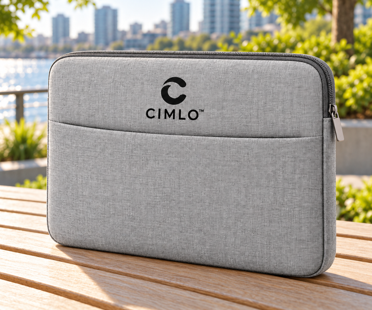 CIMLO light grey laptop sleeve on an outdoor wooden table