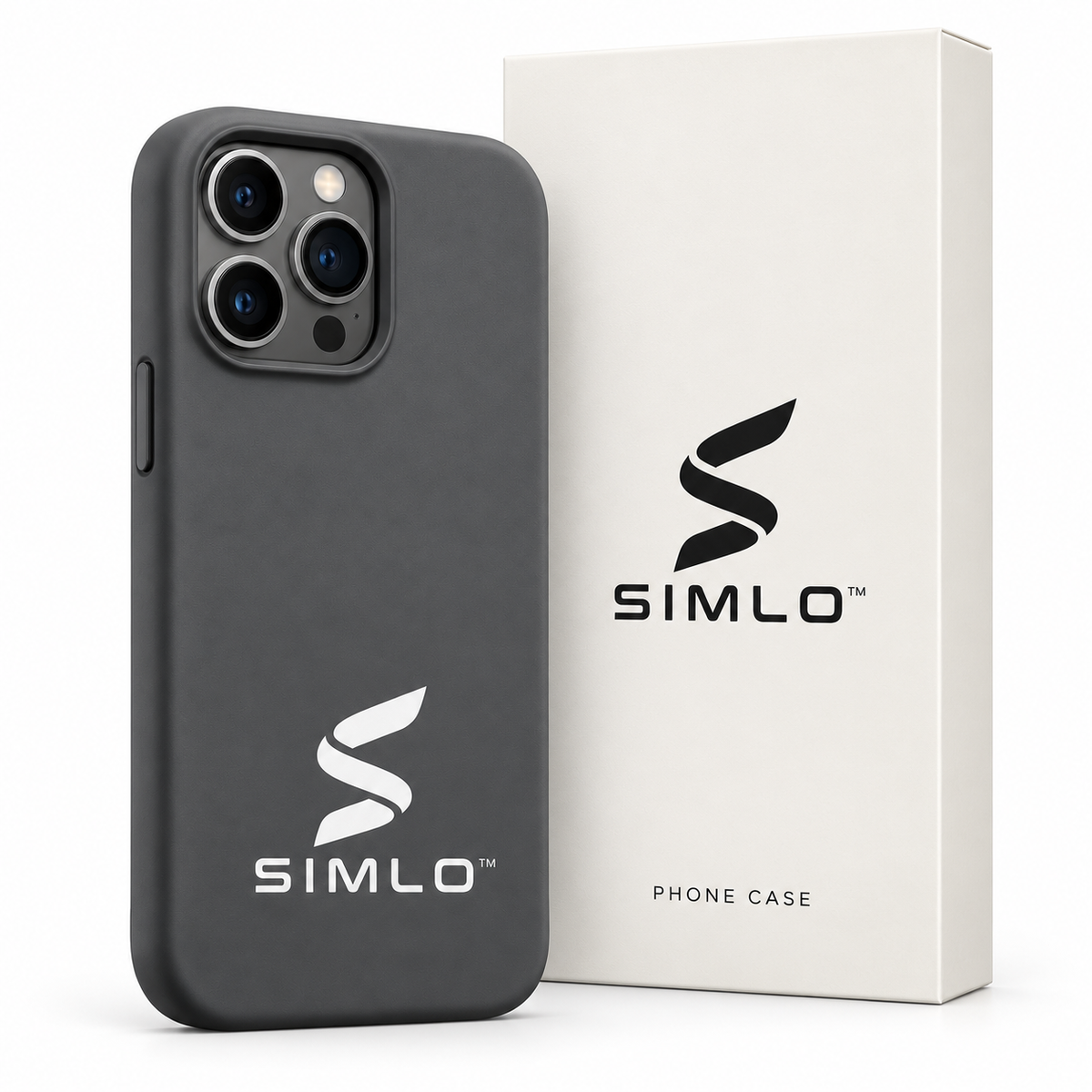SIMLO charcoal phone case displayed beside its white branded box