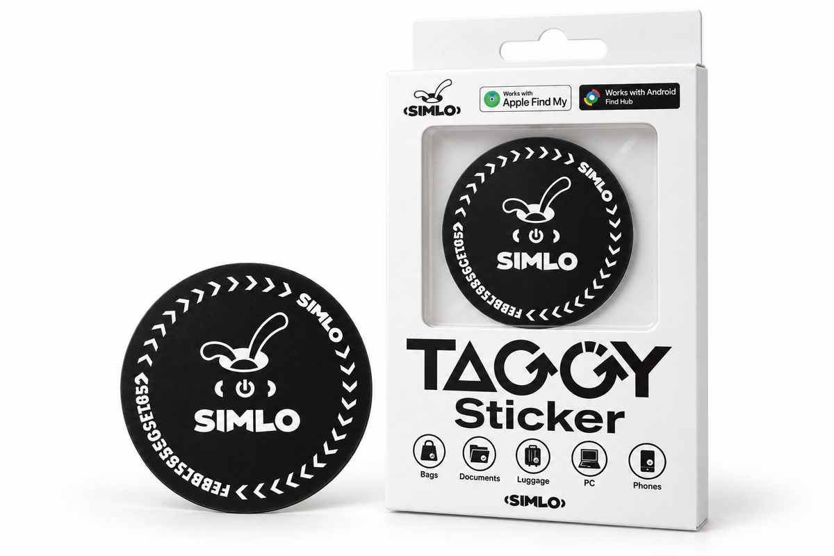 Black TAGGY Sticker wireless tracker beside white SIMLO branded retail packaging